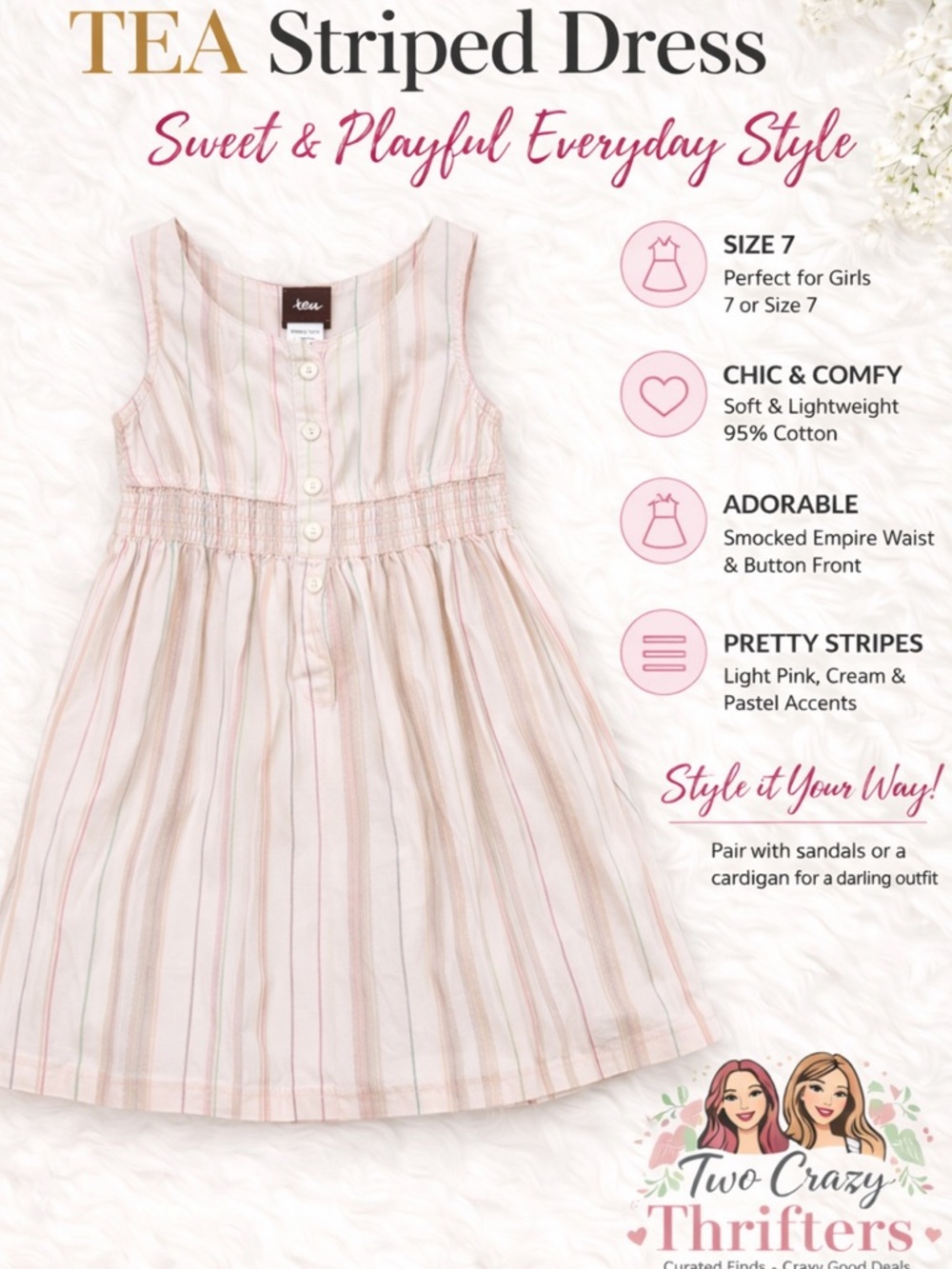 Tea Collection Girls Dress Size 7 Pink Striped Cotton Metallic Button Front EUC